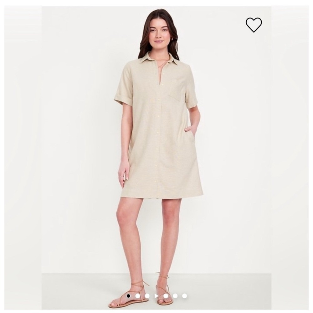 Old Navy Linen Blend Shirt Dress XL Beige Button Front Short Sleeve Pockets